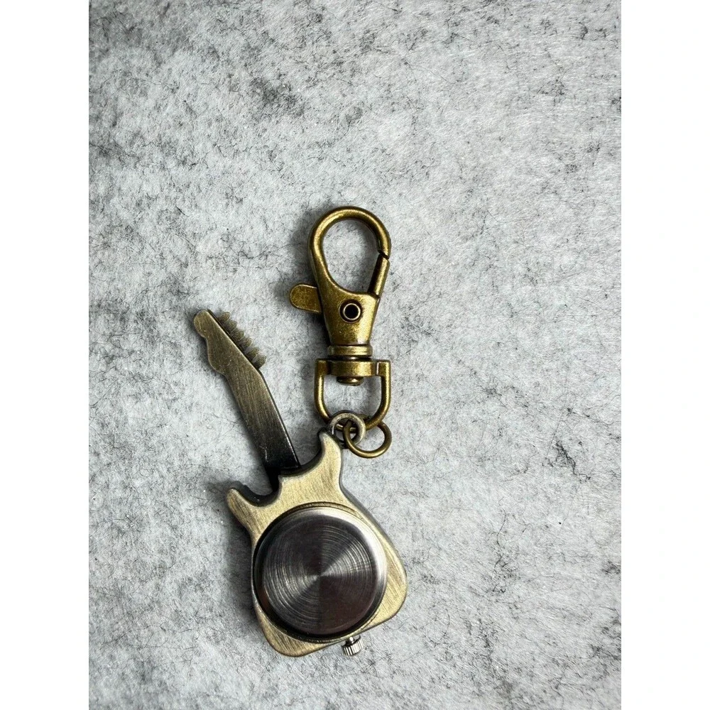 Novelty Guitar Quartz Watch Keychain Bronze Tone Musician Gift Not Working